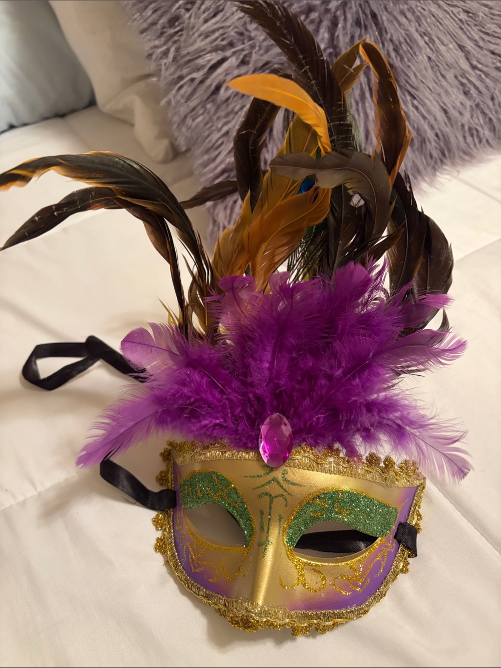 Feathered Purple & Gold Mardi Gras Mask with Green Glitter Accents